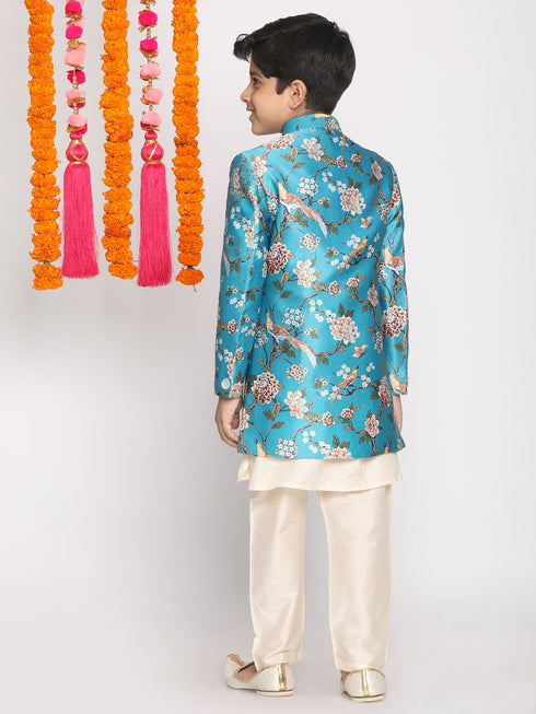 Boy's' Multicolored-Base-Turquoise Indowestern Set